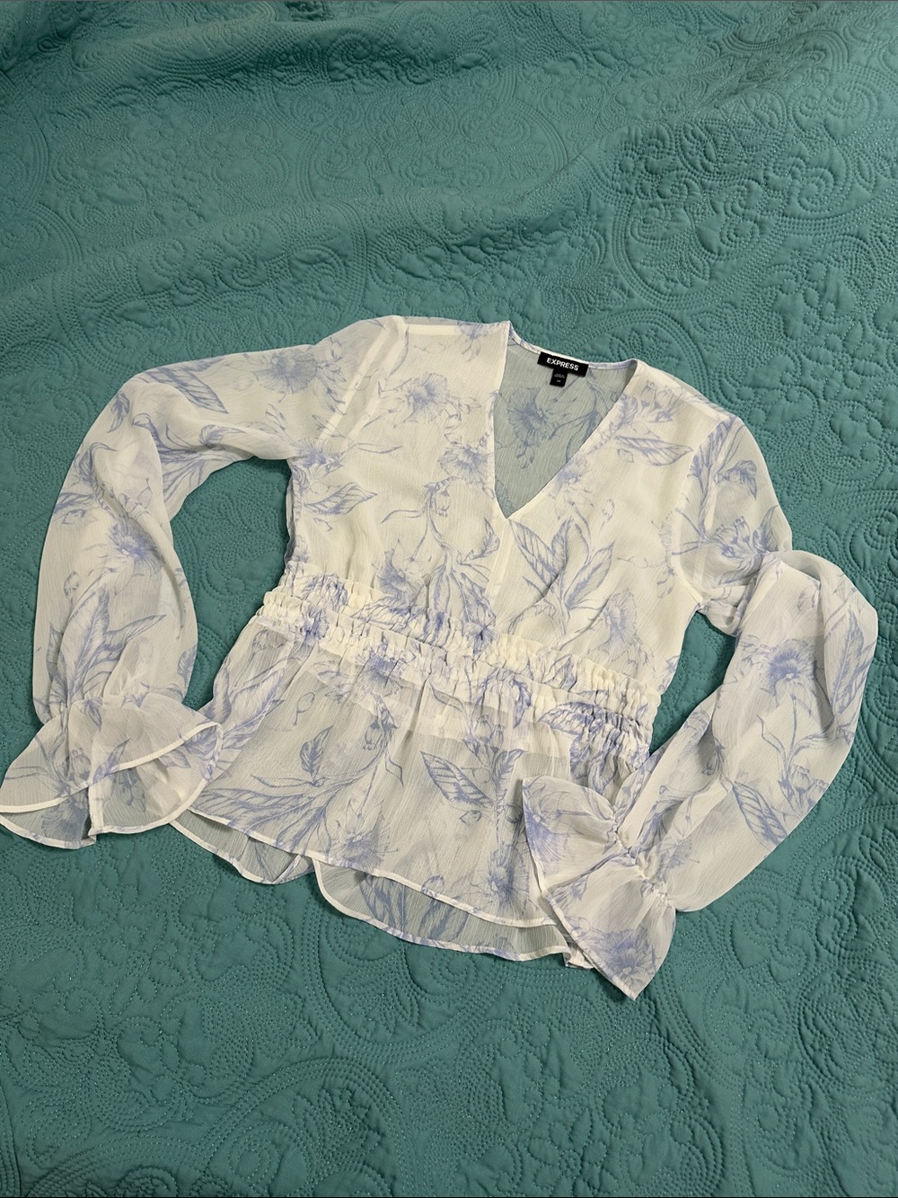 Express White Blouse with Light Blue Botanical Print